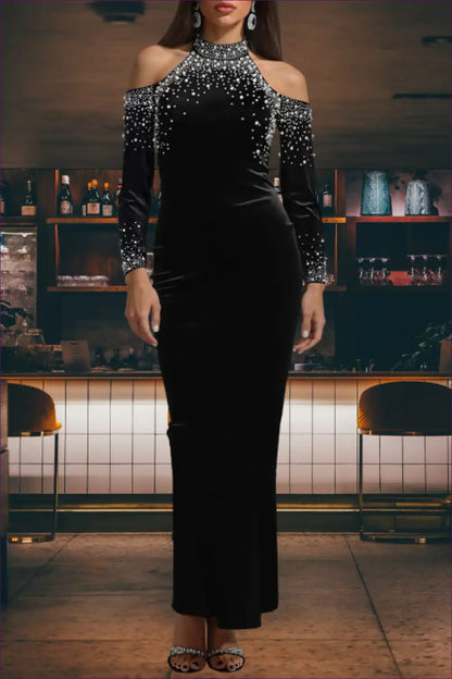 Rhinestone Maxi Dress with Cold Shoulder - Evening Elegance for Bodycon, Evening Wear, Formal Glamour,