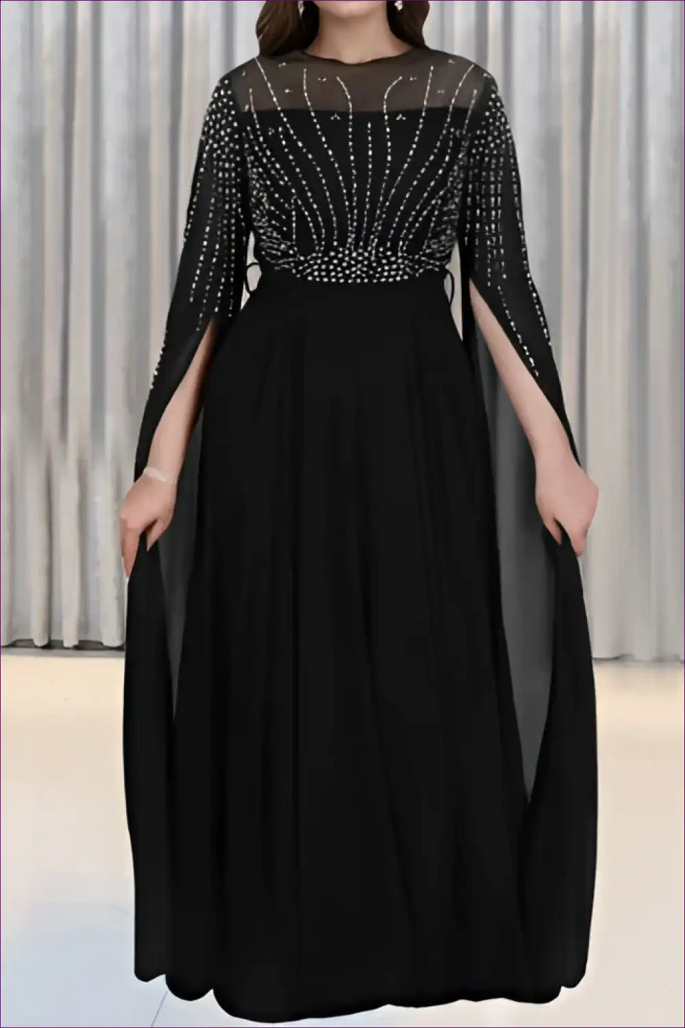 Rhinestone Maxi Dress with Sheer Cape Sleeves - Elegant Formal for Date Night, Evening Wear, Formal Glamour,