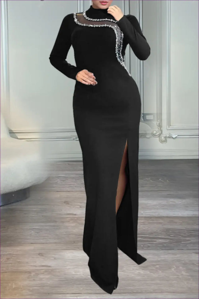 Rhinestone Maxi Dress with Slit and Chain Detail - Formal Nights