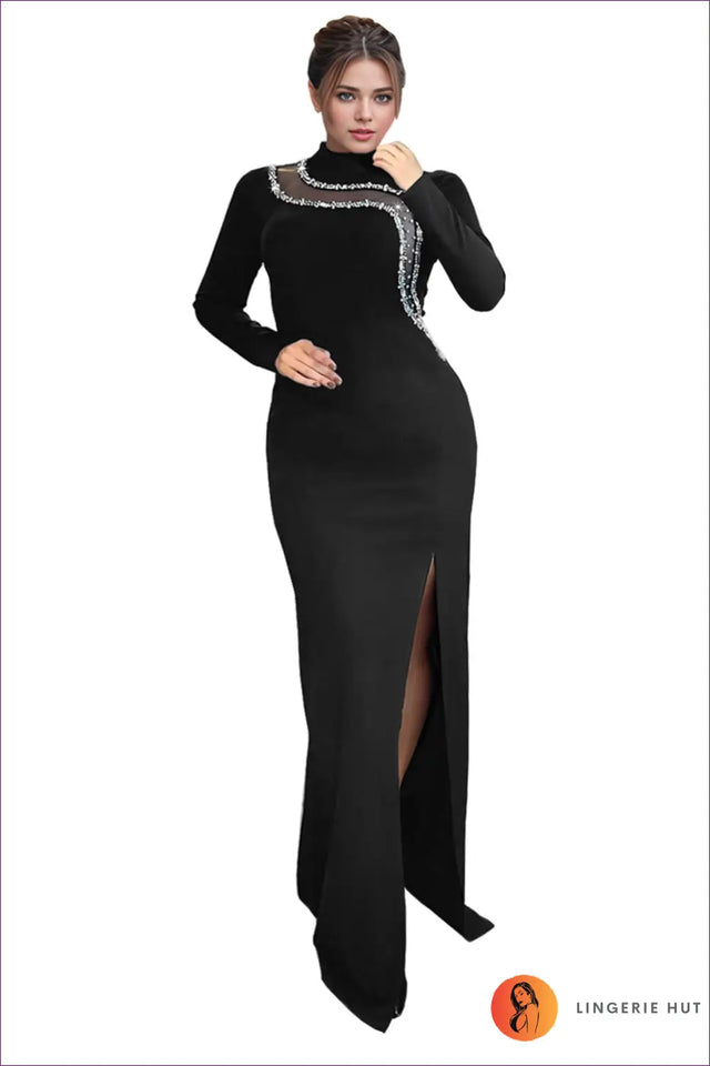 Rhinestone Maxi Dress with Slit and Chain Detail - Formal Nights