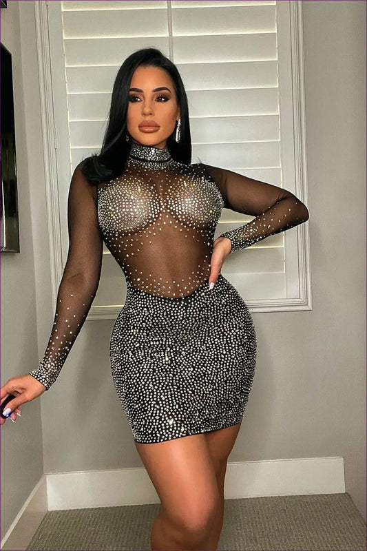 Rhinestone Mesh Bodycon Mini Dress - Made for the Spotlight - Dresses - Lingerie Hut - Autumn • Clubwear • Glamour