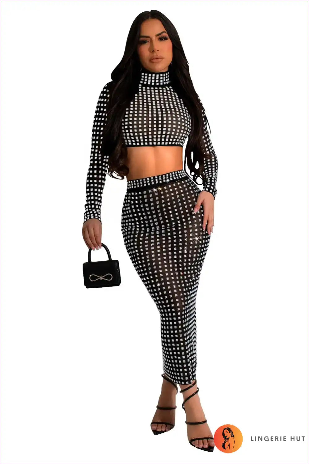 Rhinestone Mesh Skirt Set with Split - Night-out Luxe Energy for All Season, Clubwear, co Ord, Cutout, Glamour