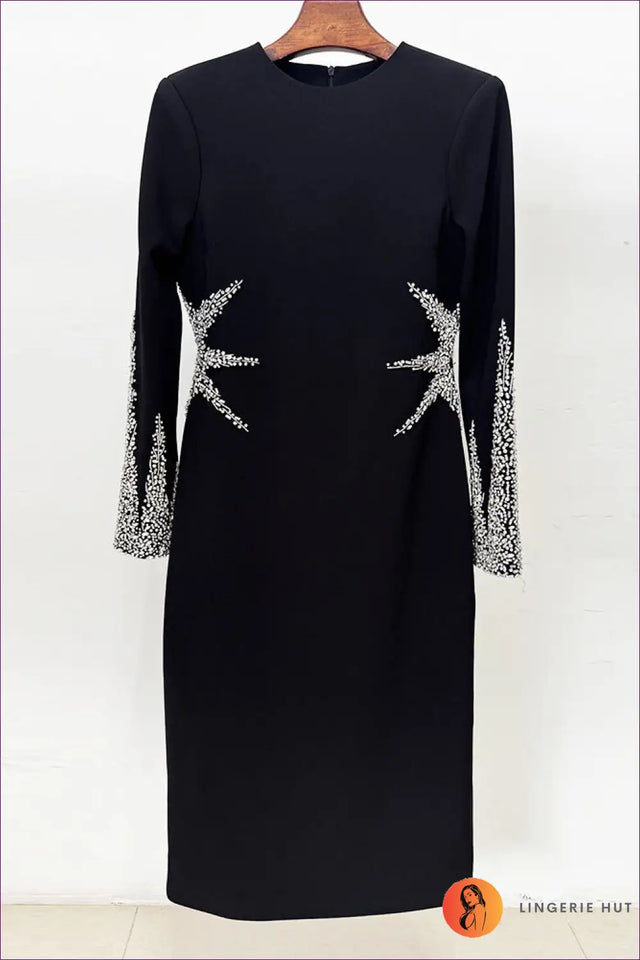 Rhinestone Midi Dress - Padded Shoulders