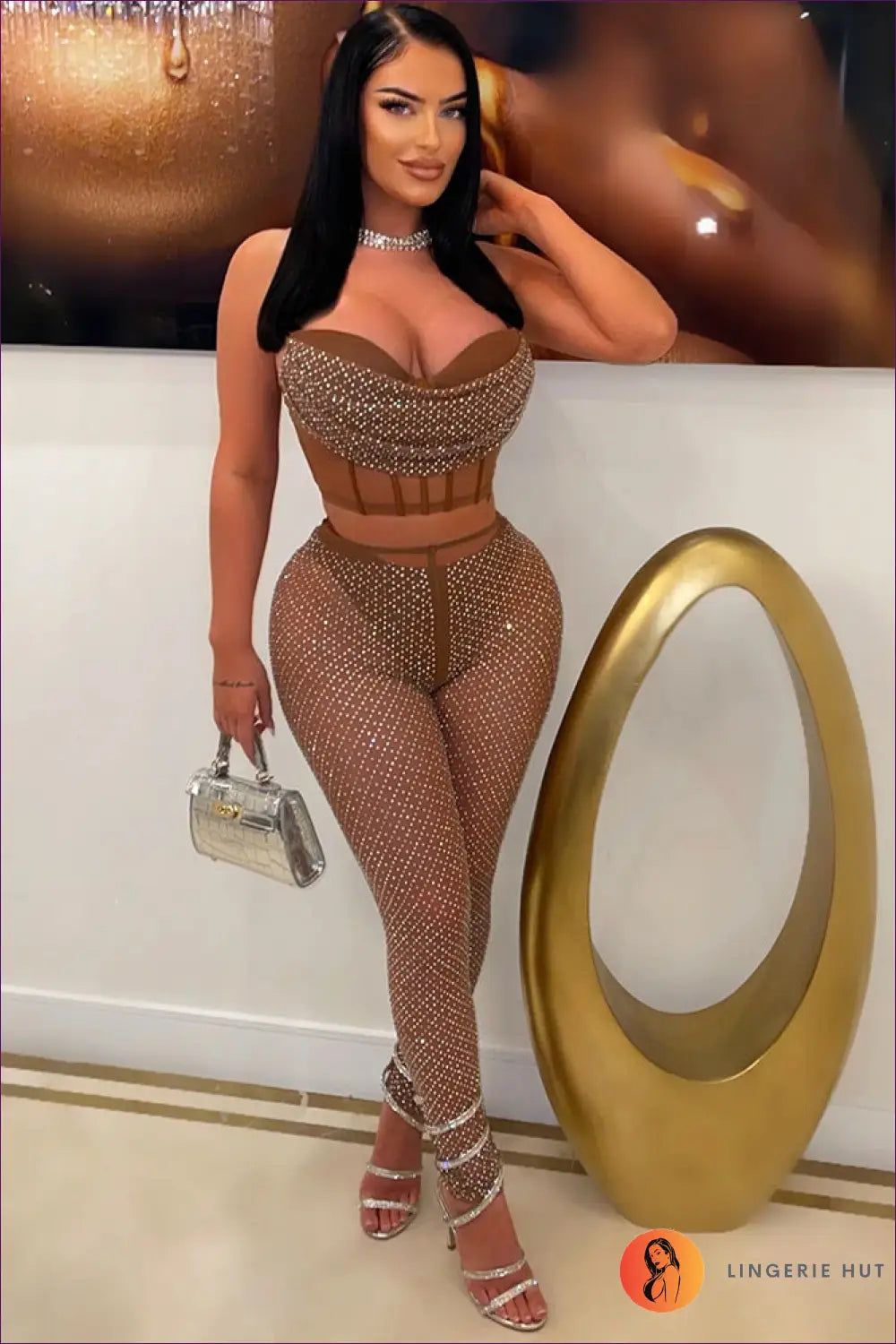 Rhinestone co Ord Set - Effortless Party Glamour - s / Apricot - Clothing - Lingerie Hut - All Season • Clubwear • Date