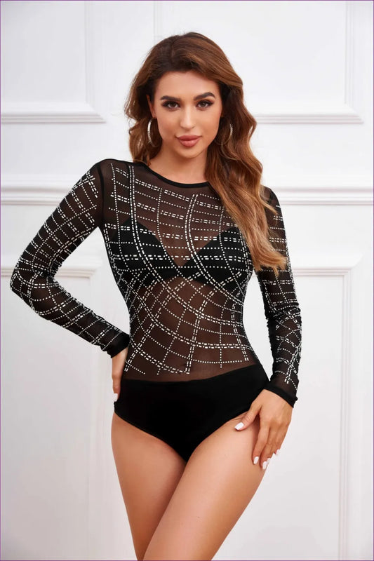 Are You Prepared To Dazzle And Delight? Let The Fashion Extravaganza Begin! 💃✨ Rhinestone Radiance Bodysuit -
