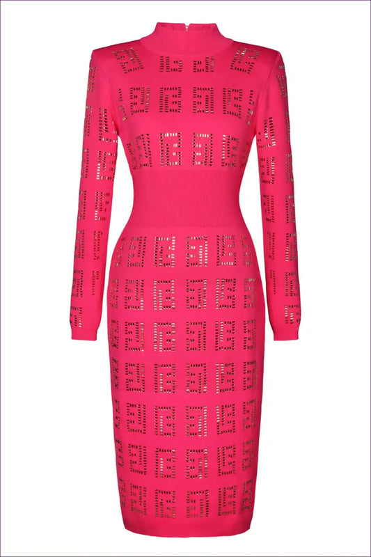 Rhinestone Studded Knit Midi Dress with Stand Collar - Glam Evening Edit