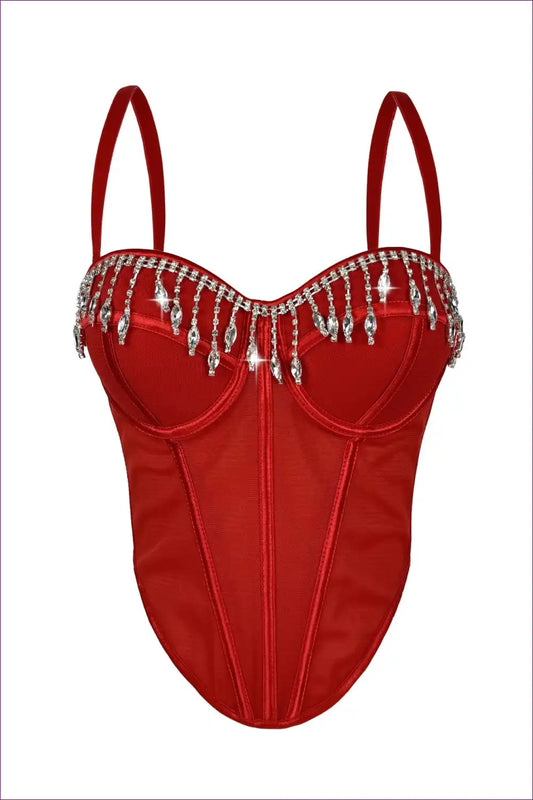 Rhinestone Tassel Boned Corset Top with Sweetheart Neckline - Party Luxe for Corset, Date Night, Evening