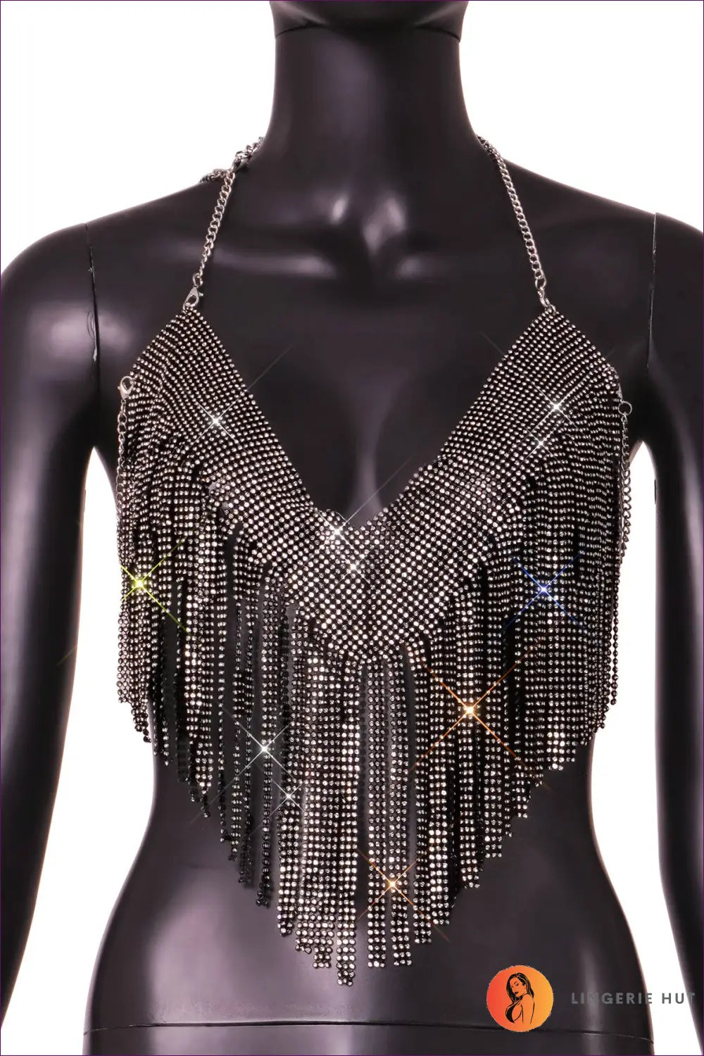 Rhinestone Tassel Halter Crop Top - Effortless Glam Nights - one Size / Black - Shirts & Tops - Lingerie Hut - Clubwear