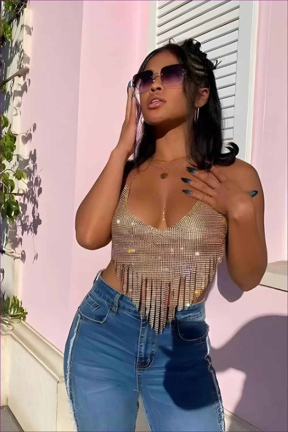 Rhinestone Tassel Halter Crop Top - Effortless Glam Nights - Shirts & Tops - Lingerie Hut - Clubwear • Glamour • Halter