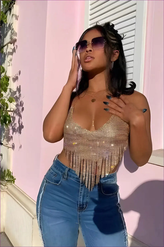 Rhinestone Tassel Halter Crop Top - Effortless Glam Nights - Shirts & Tops - Lingerie Hut - Clubwear • Glamour • Halter