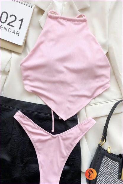 Ribbed Bikini with Halter Neck - Sun-soaked Boho Vibes - s / Pink - Swimwear - Lingerie Hut - Backless • Beachwear