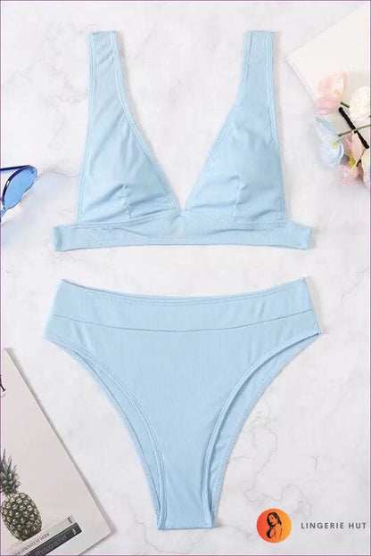 Ribbed Bikini Set with High Waist - Summer Evenings Sorted - Sky Blue / s - Swimwear - Lingerie Hut - Beachwear