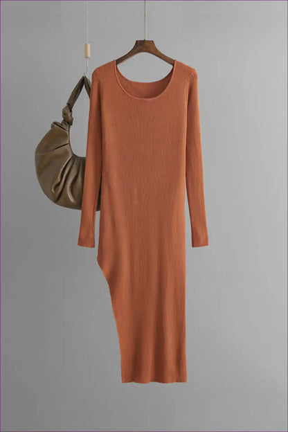 Ribbed Knit Bodycon Dress with Crew Neck - Modern Everyday Midi for Autumn, Bodycon, Casual, Dress,