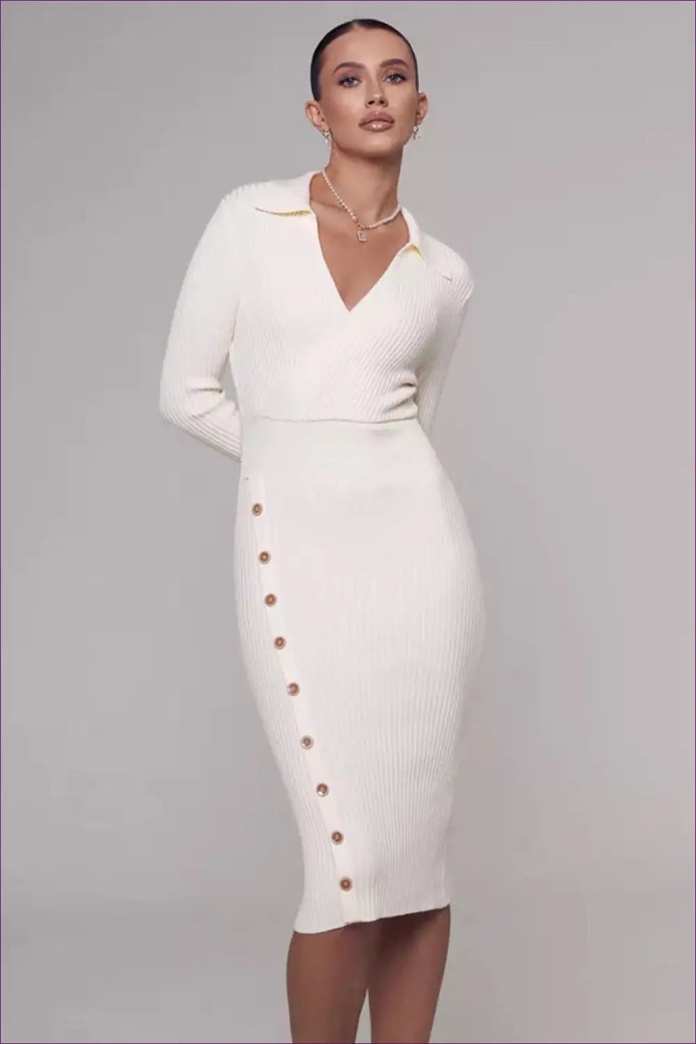 Ribbed Knit Bodycon Midi Dress - Understated Glamour - Dresses - All Season • Button Front • Casual • Lingerie Hut