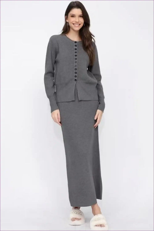 Ribbed Knit Cardigan and Midi Skirt Co-ord Set for All Season, Autumn, Casual, co Ord, Everyday