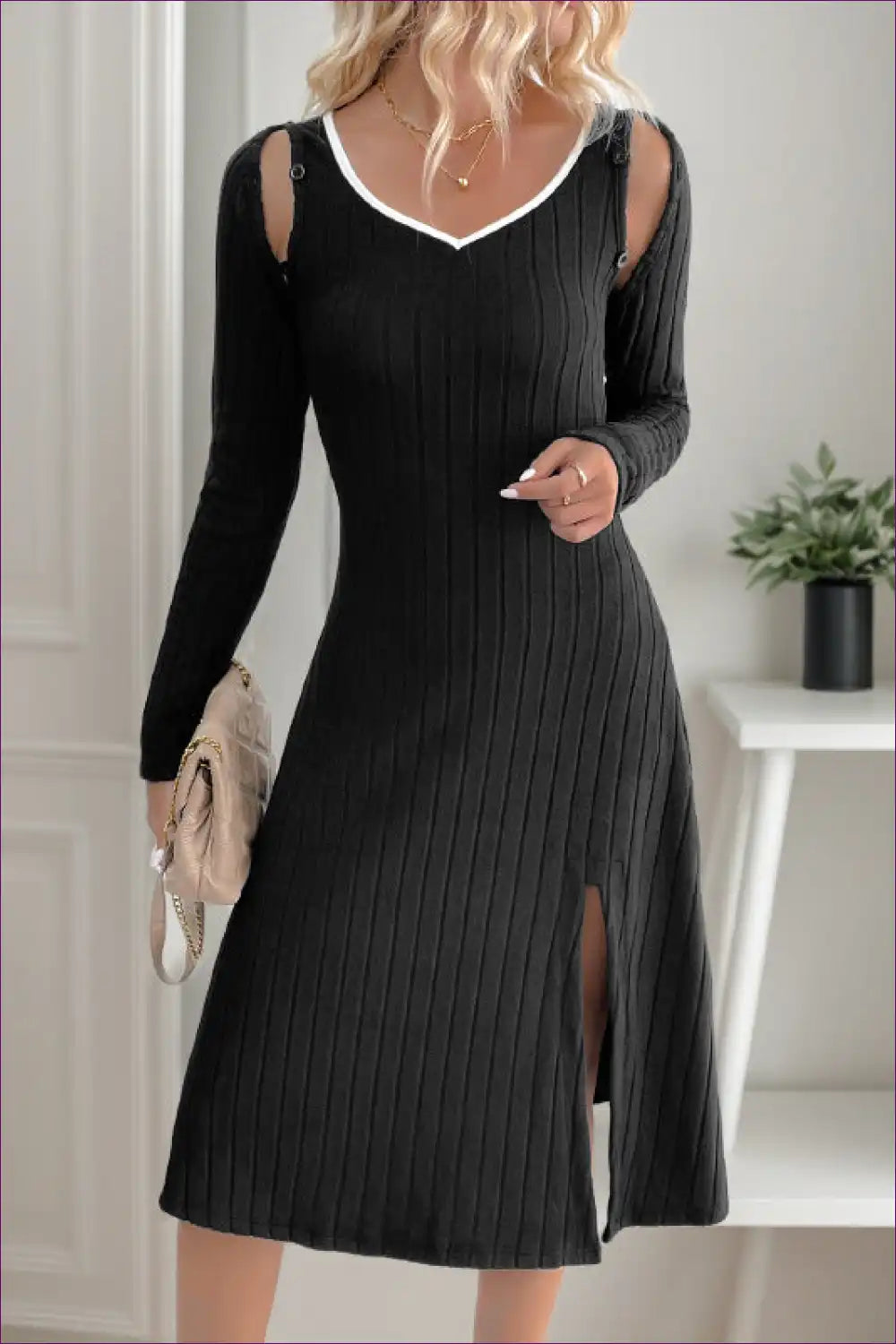 Ribbed Knit Dress with Cold Shoulder Detail - Modern Edge for Bodycon, Casual, Cutout, Date Night, Everyday