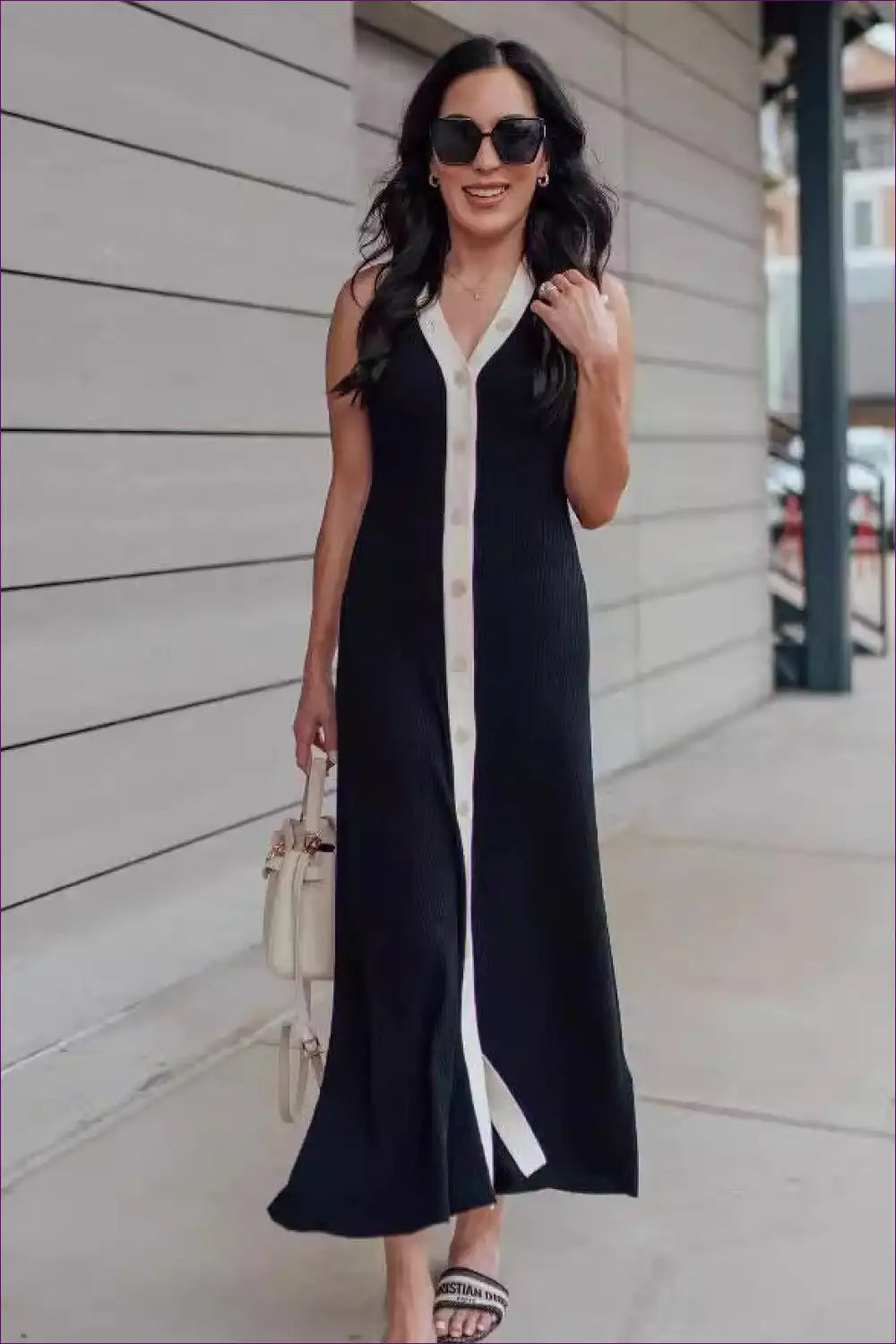 Ribbed Knit Maxi Dress with Contrast Stripe - Casual Chic for Bodycon, Casual, Cotton, Everyday,