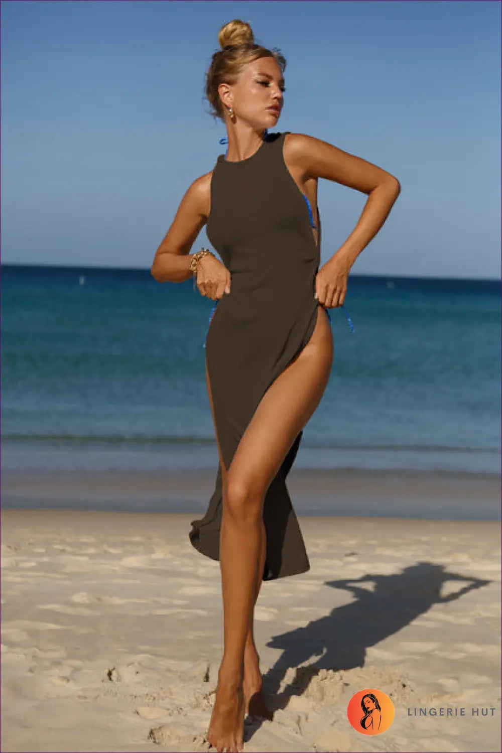 Ribbed Knit Maxi Dress with Double Thigh Split - Coastal Confidence - one Size / Brown - Bikinx