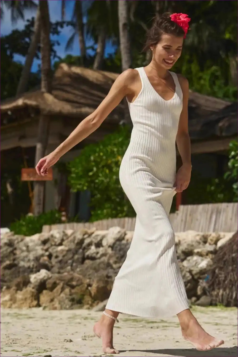 Ribbed Knit Maxi Dress with Wide Straps - Beachside Simplicity for Beachwear, Bodycon, Casual, Cotton,