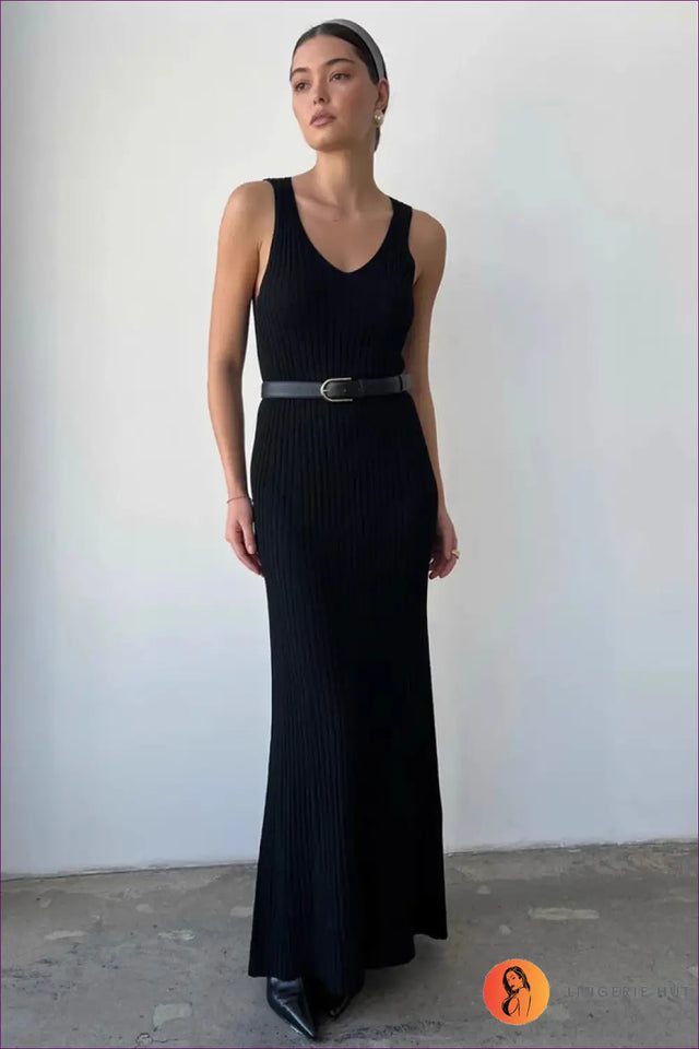 Ribbed Knit Maxi Dress with Wide Straps - Beachside Simplicity