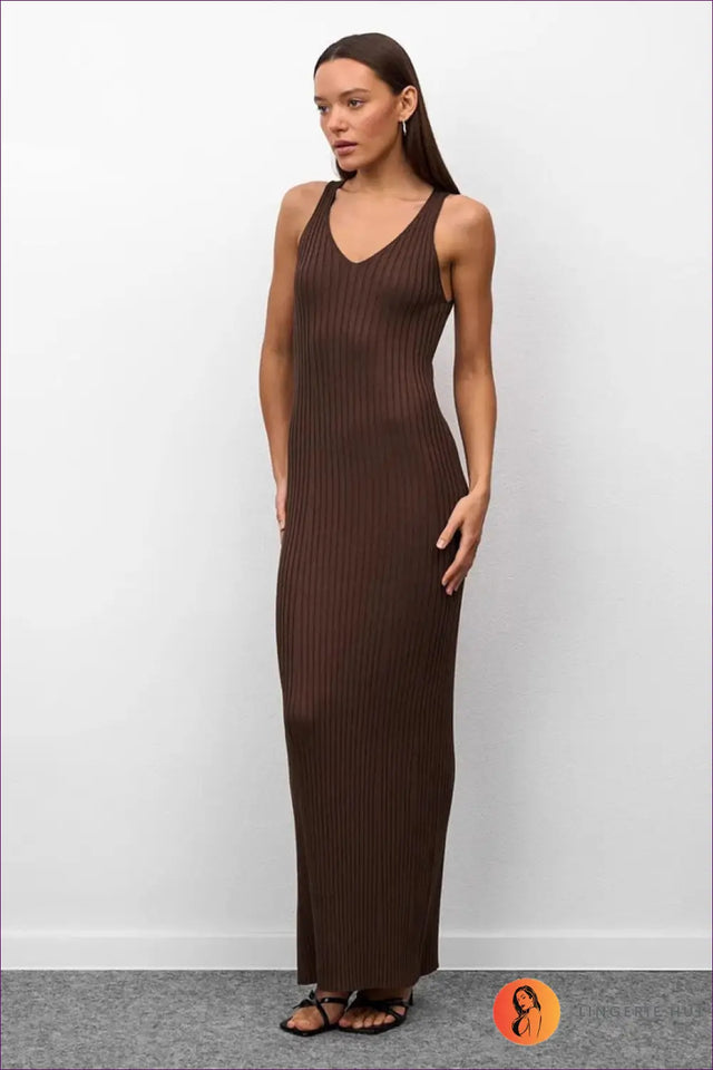 Ribbed Knit Maxi Dress with Wide Straps - Beachside Simplicity