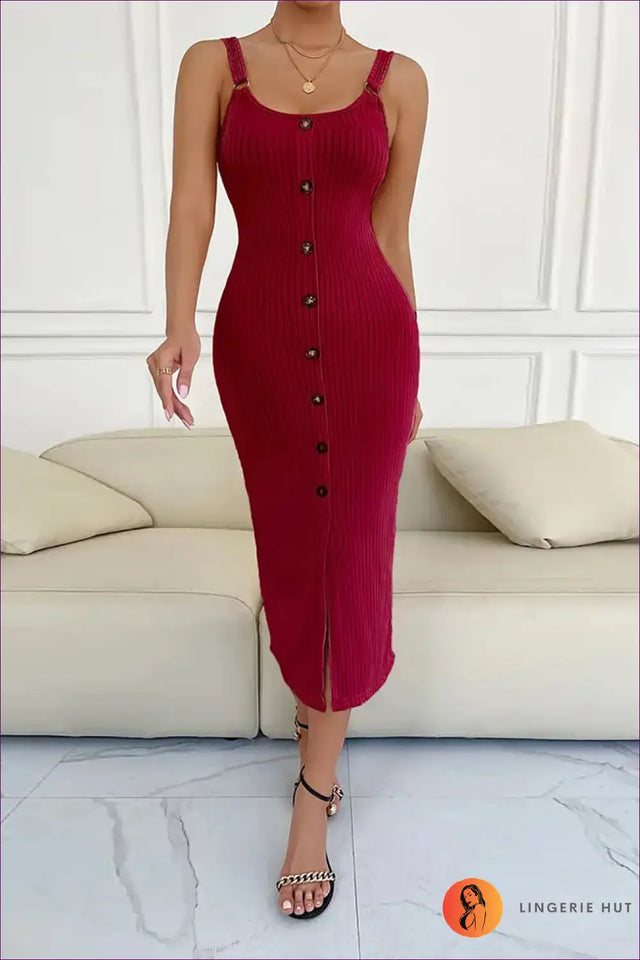 Ribbed Knit Midi Bodycon Dress with Button Front