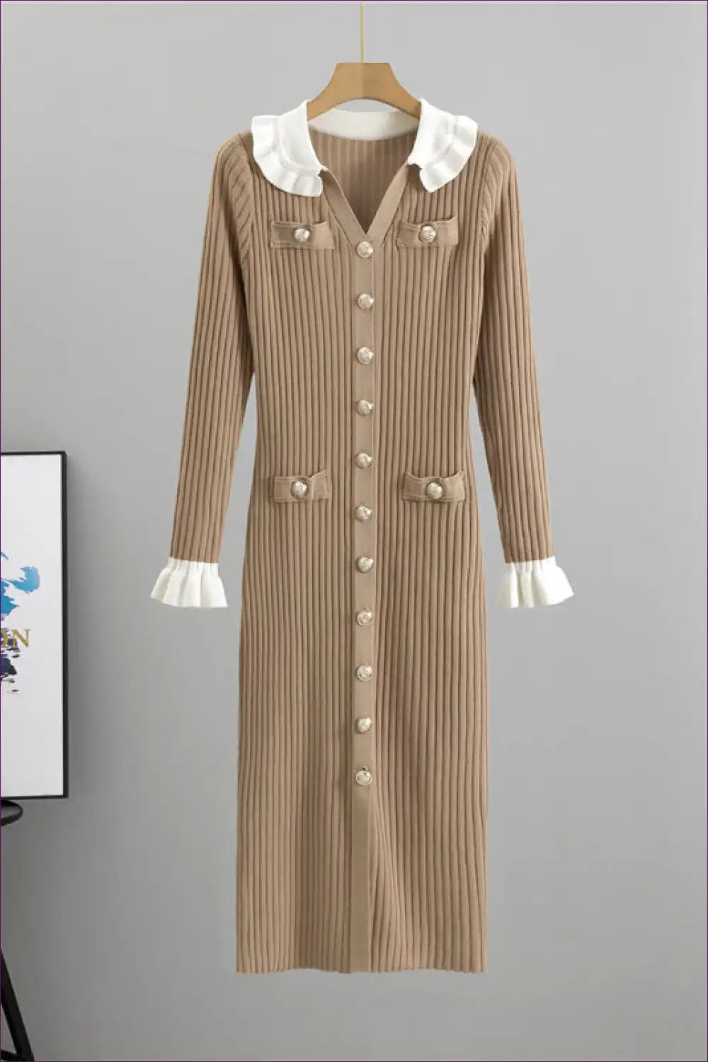 Ribbed Knit Midi Dress with Contrast Collar - Everyday Sophistication