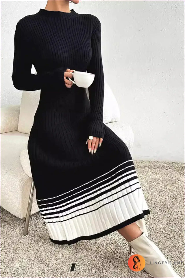 Ribbed Knit Midi Dress with Contrast Hem - Modern Classic Style