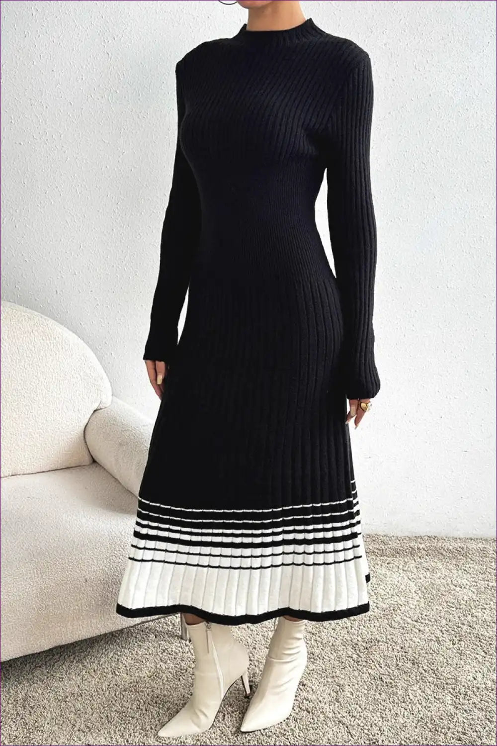 Ribbed Knit Midi Dress with Contrast Hem - Modern Classic Style for Autumn, Bodycon, Casual, Everyday, Formal