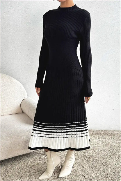 Ribbed Knit Midi Dress with Contrast Hem - Modern Classic Style for Autumn, Bodycon, Casual, Everyday, Formal