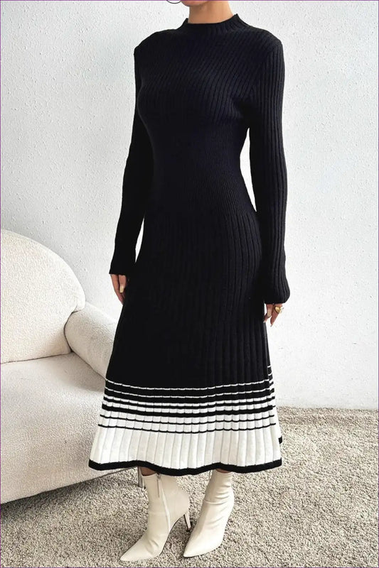 Ribbed Knit Midi Dress with Contrast Hem - Modern Classic Style for Autumn, Bodycon, Casual, Everyday, Formal