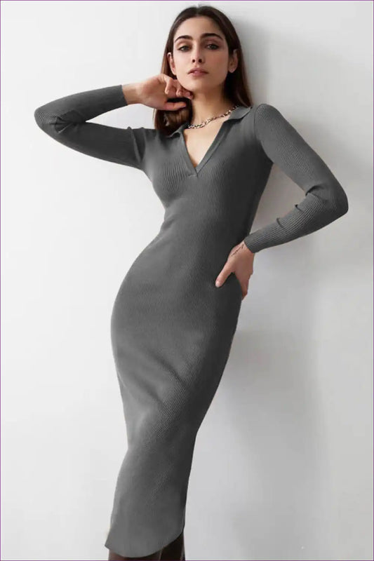 Ribbed Knit Midi Dress with Deep V-neck Detail for Autumn, Bodycon, Casual, Cotton, Everyday