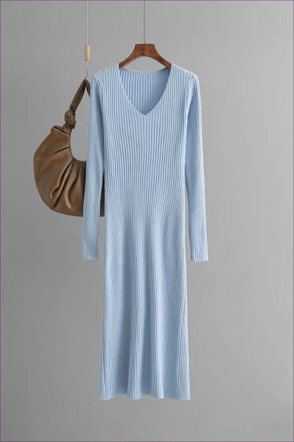 Ribbed Knit Midi Dress with V-neck - Effortless Everyday Layer for Autumn, Casual, Dress, Everyday, Jersey