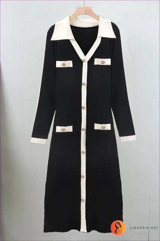 Ribbed Knit Midi Shirt Dress with Contrast Trim - Classic Everyday Ease for Everyday, just In,