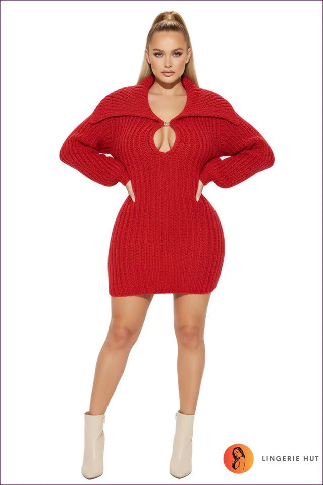 Ribbed Knit Sweater Dress with Lantern Sleeves - Cosy Autumn Allure
