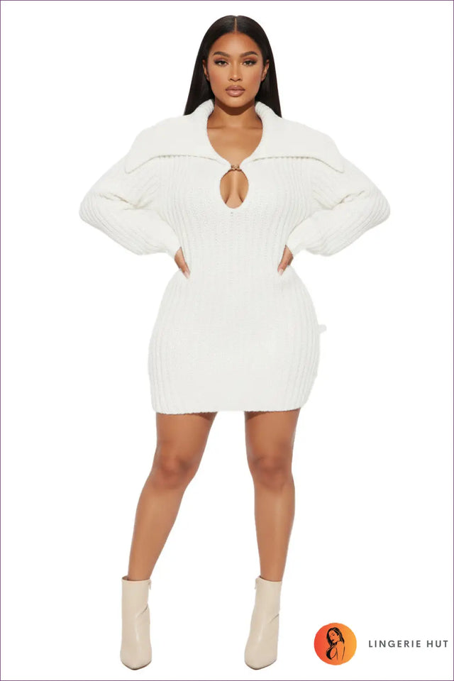Ribbed Knit Sweater Dress with Lantern Sleeves - Cosy Autumn Allure