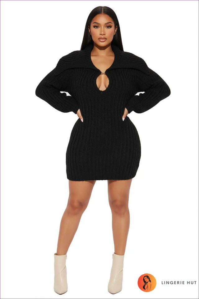Ribbed Knit Sweater Dress with Lantern Sleeves - Cosy Autumn Allure