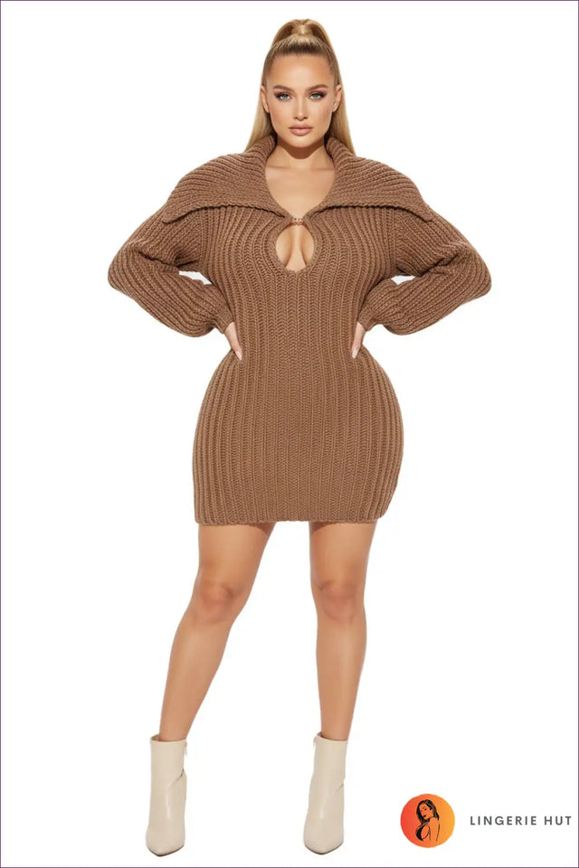 Ribbed Knit Sweater Dress with Lantern Sleeves - Cosy Autumn Allure
