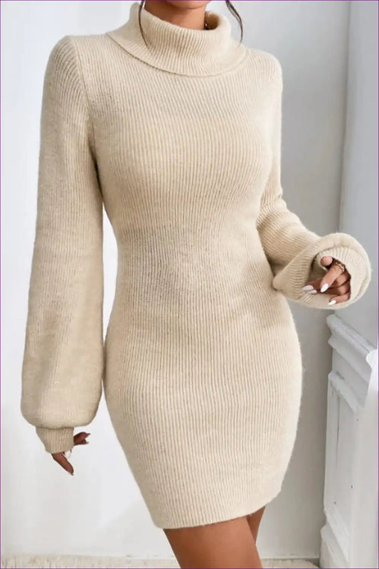 Ribbed Knit Turtleneck Sweater Dress - Cosy Everyday Style for Autumn, Bodycon, Casual, Everyday,