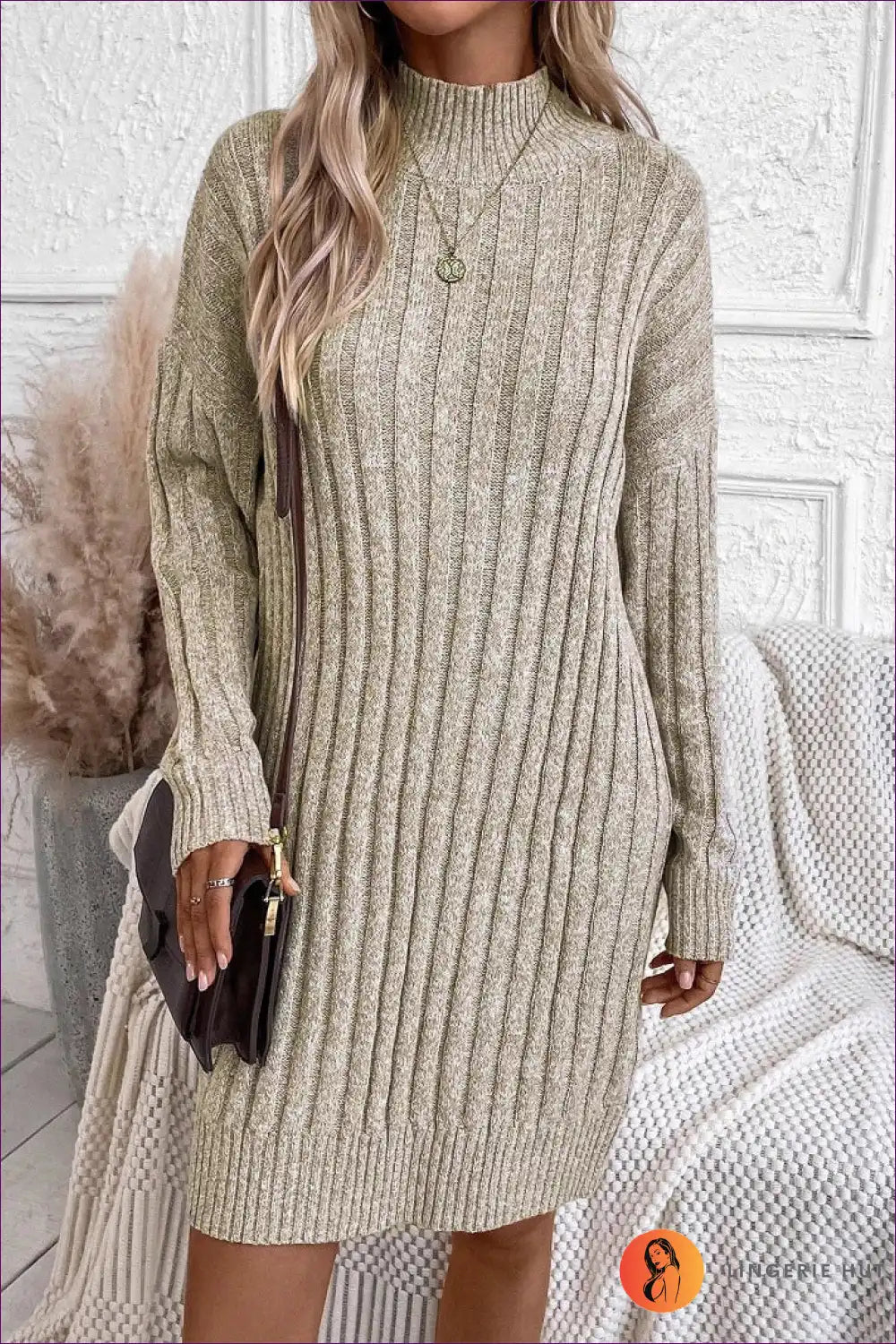 Ribbed Knit Turtleneck Sweater Dress - Effortless Autumn Comfort for Autumn, Casual, Dress, Everyday,