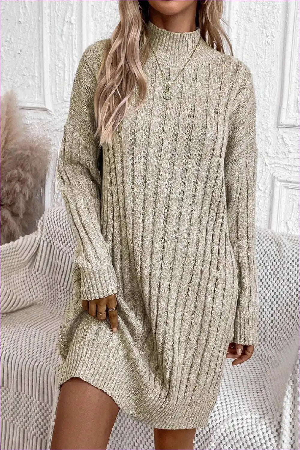 Ribbed Knit Turtleneck Sweater Dress - Effortless Autumn Comfort for Autumn, Casual, Dress, Everyday,