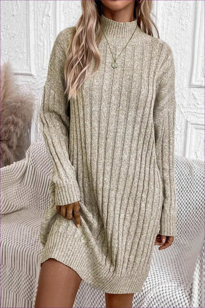 Ribbed Knit Turtleneck Sweater Dress - Effortless Autumn Comfort for Autumn, Casual, Dress, Everyday,
