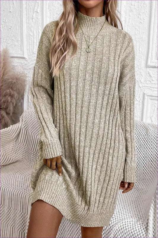 Ribbed Knit Turtleneck Sweater Dress - Effortless Autumn Comfort for Autumn, Casual, Dress, Everyday,