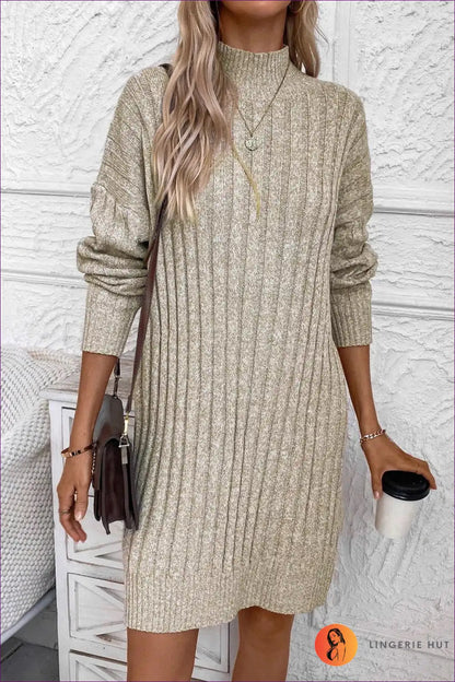 Ribbed Knit Turtleneck Sweater Dress - Effortless Autumn Comfort for Autumn, Casual, Dress, Everyday,