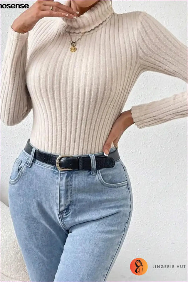 Ribbed Turtleneck Bodysuit with Long Sleeves - Soft Texture Ritual