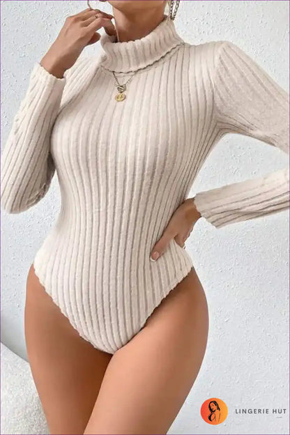 Ribbed Turtleneck Bodysuit with Long Sleeves - Soft Texture Ritual for All Season, Bodysuit, Casual,
