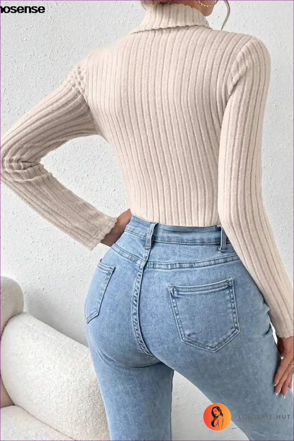Ribbed Turtleneck Bodysuit with Long Sleeves - Soft Texture Ritual for All Season, Bodysuit, Casual,