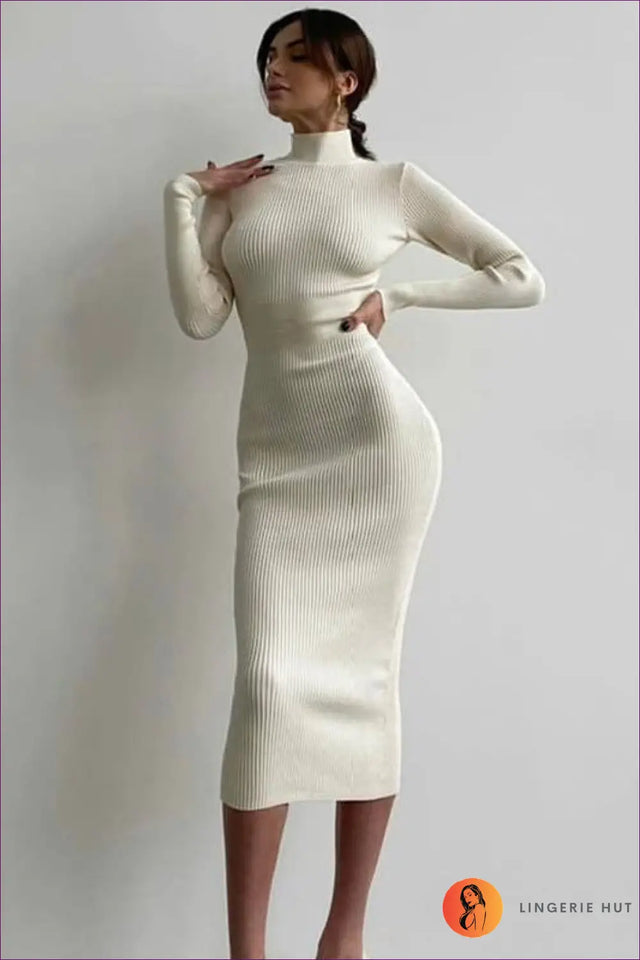 Ribbed Turtleneck Midi Dress - Autumn Elegance