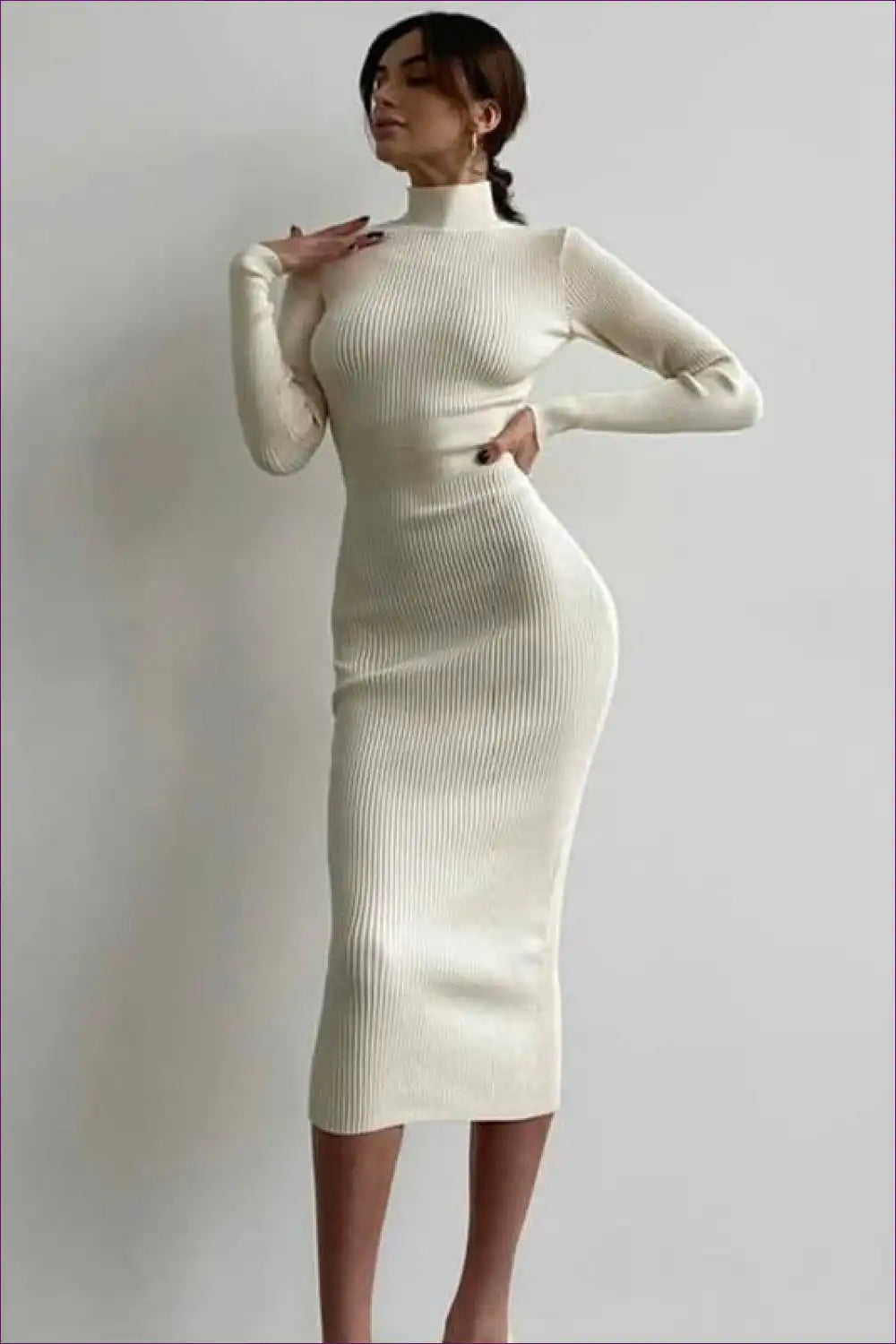 Ribbed Turtleneck Midi Dress - Autumn Elegance for Autumn, Bodycon, Casual, Everyday, Formal Wear