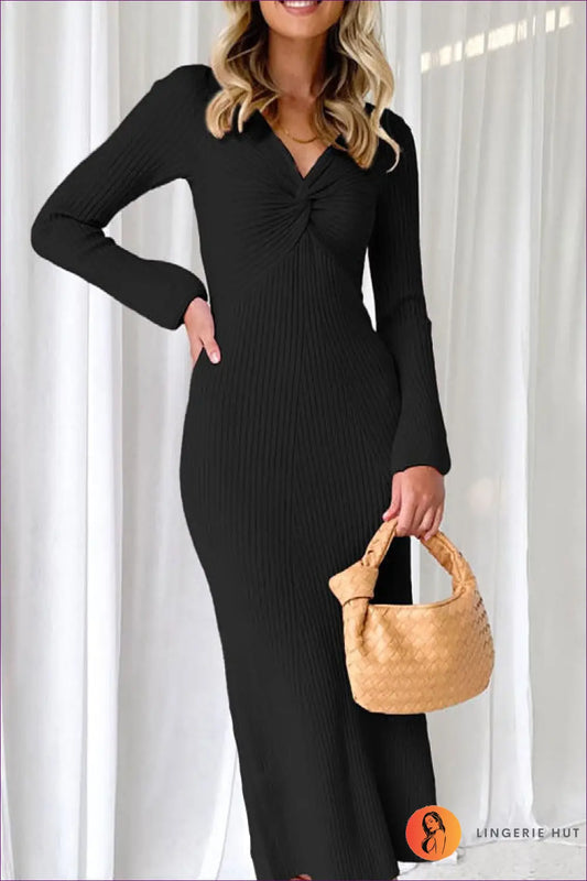 Ribbed Twist-front Maxi Dress - Effortless Elegance All Season - s / Black - Dresses - Lingerie Hut - All Season